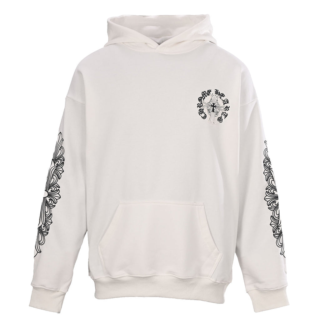 Chrome Hearts Pearl Cross Embroidery Pullover Hoodie - White - front view