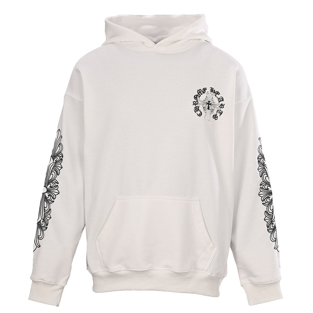 Chrome Hearts Pearl Cross Embroidery Pullover Hoodie - White - front view