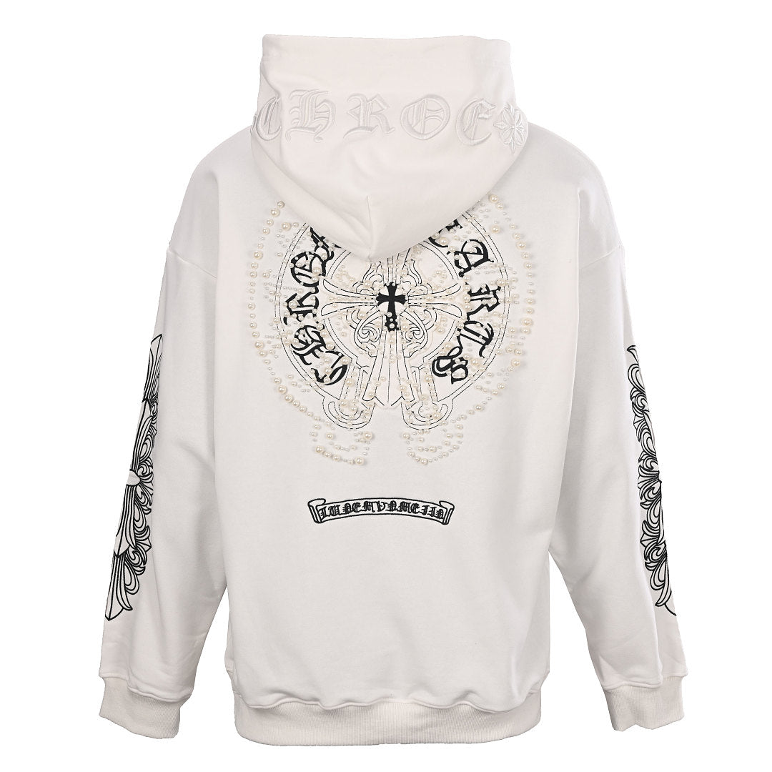 Chrome Hearts Pearl Cross Embroidery Pullover Hoodie - White - back view