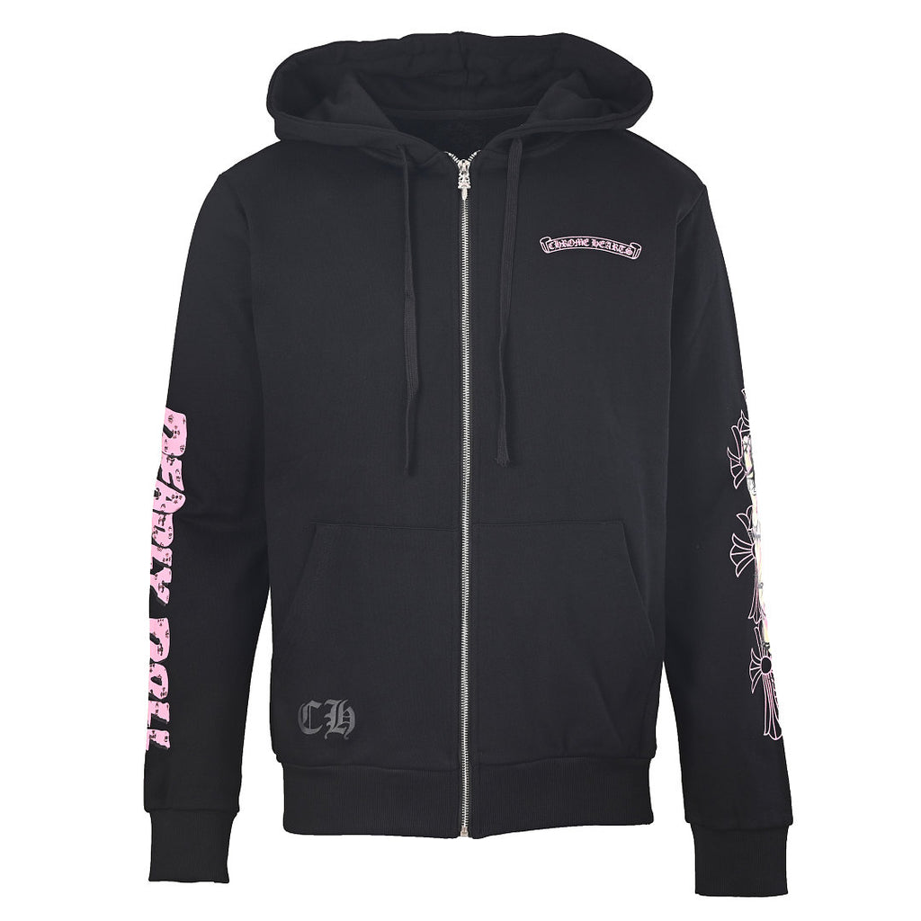 Chrome Hearts Pink Scroll Zip-Up Hoodie - Black - front view