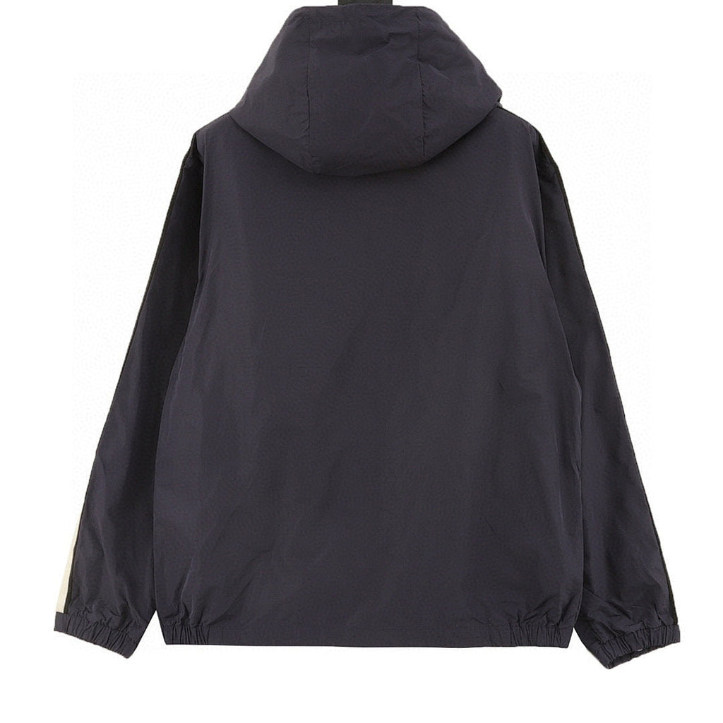 Moncler Striped-Sleeve Hooded Shell Jacket - Navy - back view