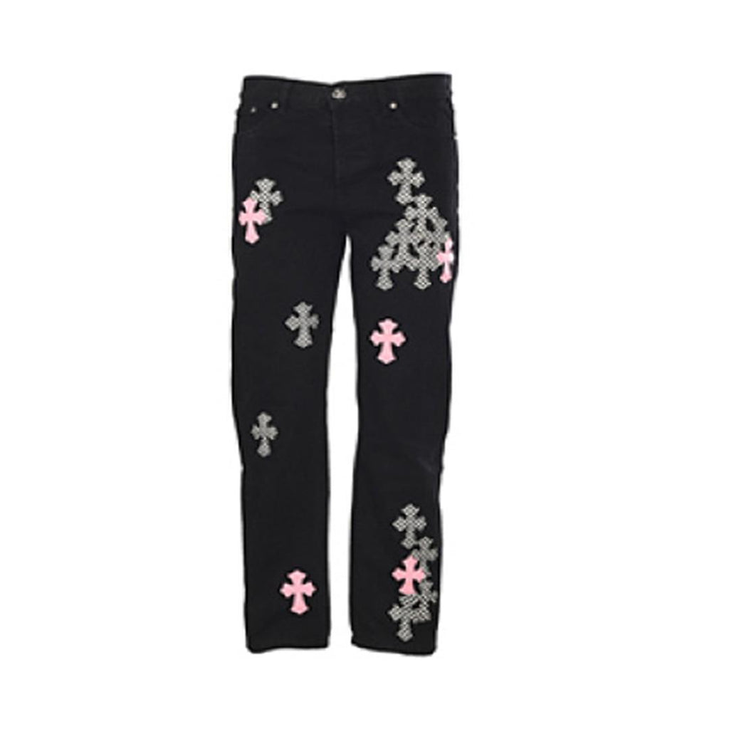 Chrome Hearts Pink and Checkered Cross Patch Jeans - Black - front view