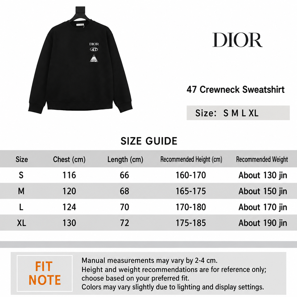 Dior 47 Graphic Crewneck Sweatshirt English size guide