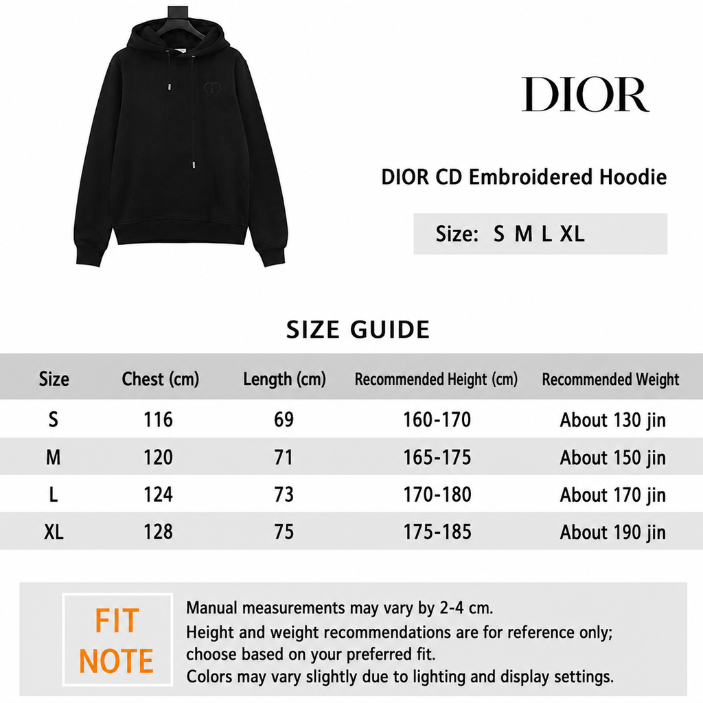 Dior CD Embroidered Pullover Hoodie English size guide