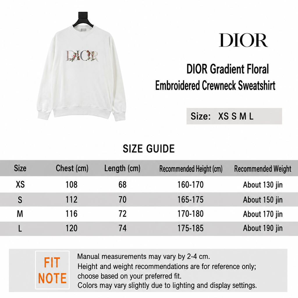 Dior Gradient Floral Embroidered Crewneck Sweatshirt English size guide