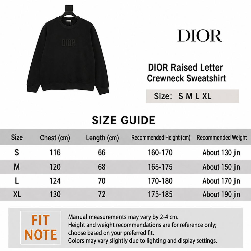 Dior Raised Letter Crewneck Sweatshirt English size guide