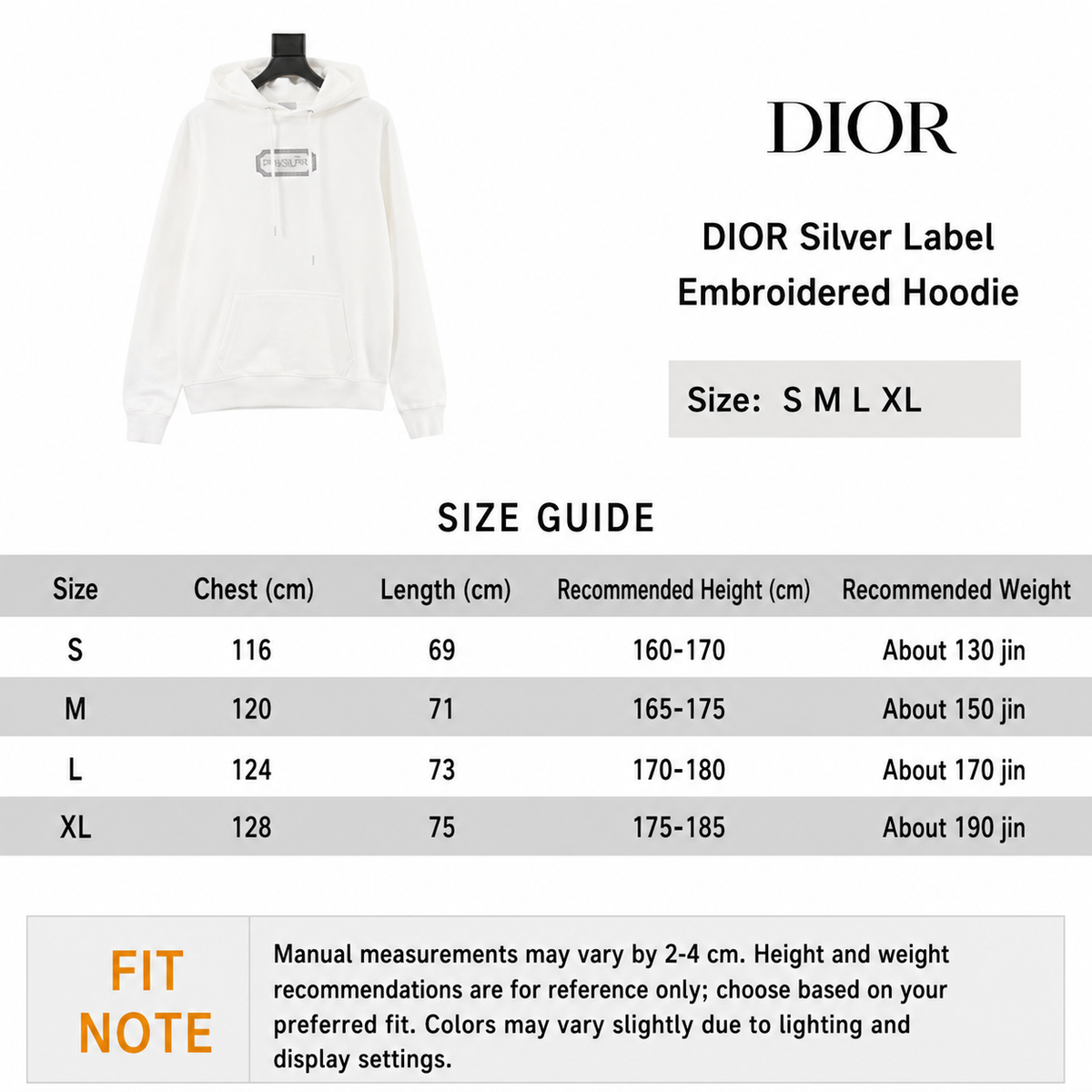 Dior Silver Label Embroidered Hoodie English size guide