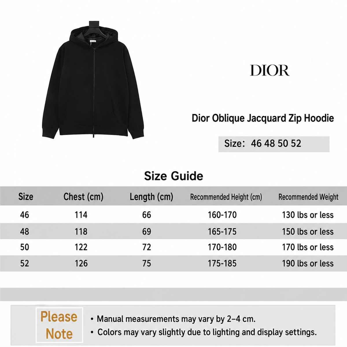 Dior Oblique Jacquard Zip Hoodie English size guide
