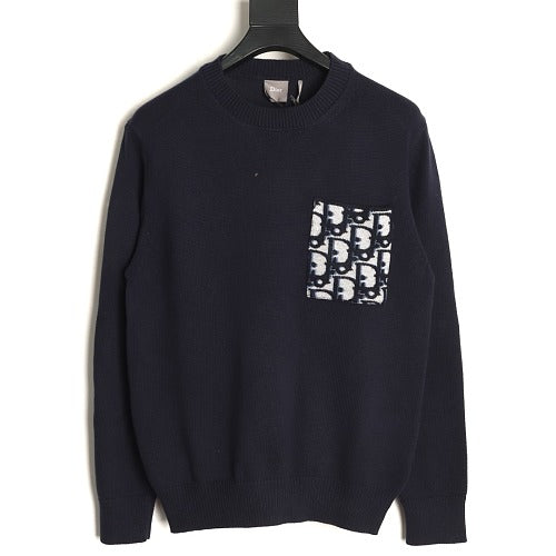 Dior Oblique pocket cotton crewneck sweater navy front