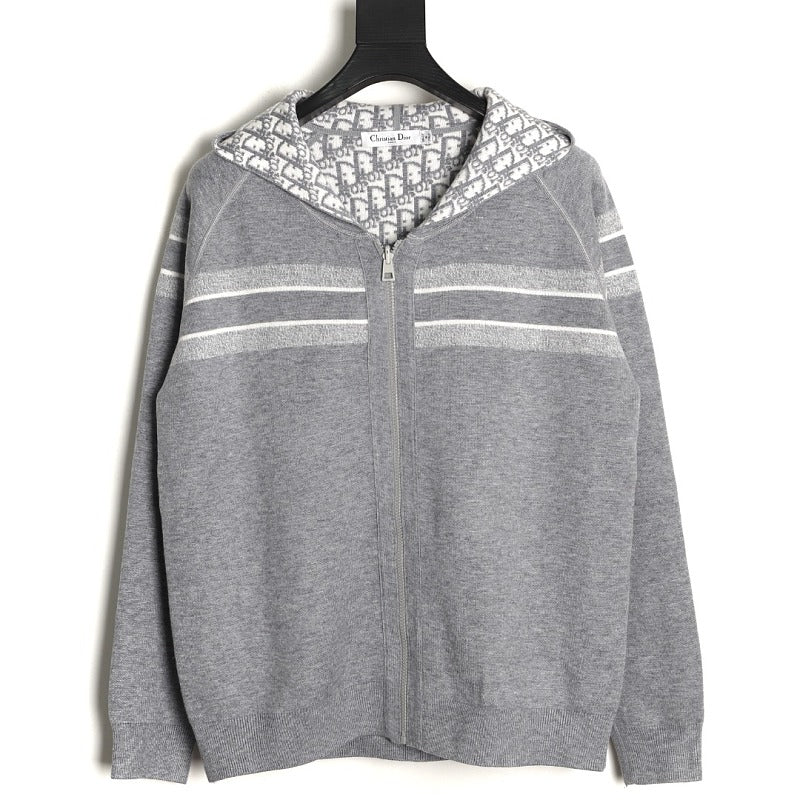 Dior CD Oblique reversible stripe zip hoodie grey front
